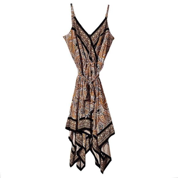 Michael Kors Yellow Black Paisley Sleeveless V Neck Dress Asymmetric Hem Size M - Picture 1 of 8